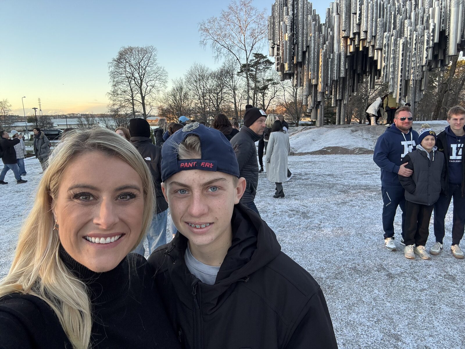 Briggs and his mom at the Sibelius Monument in Helsinki, Finland
