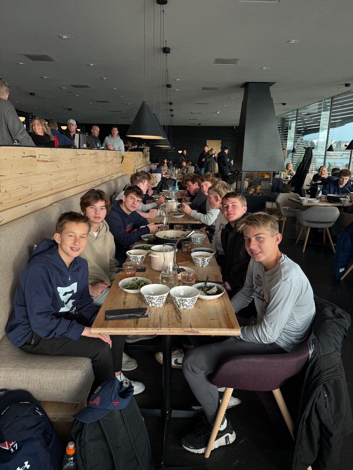 Briggs and his hockey team at dinner in Scandinavia